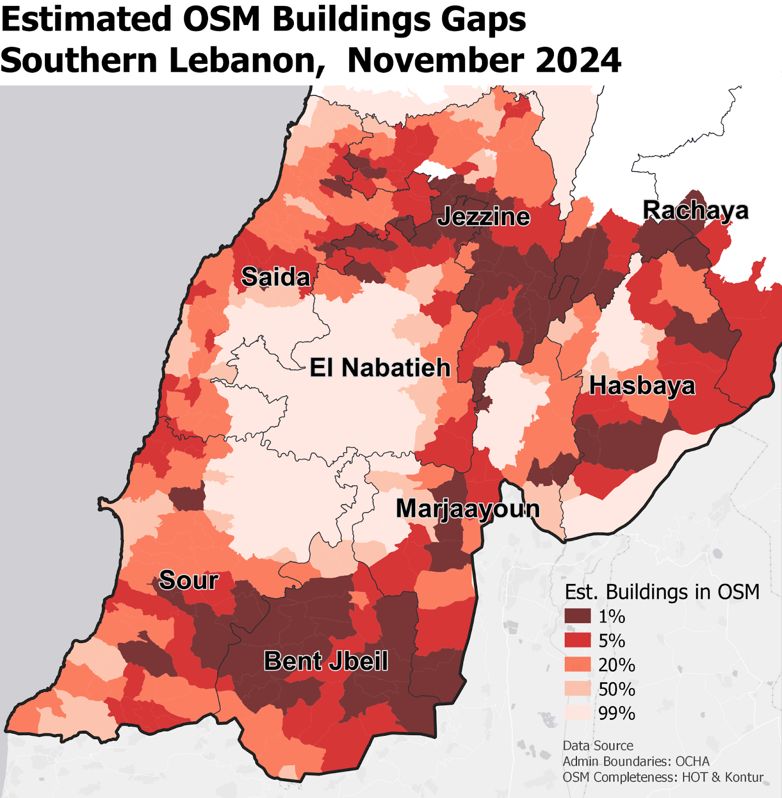 Estimated OSM building Gaps southern Lebanon, Novemeber 2024